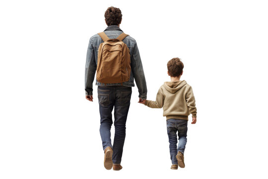 Father and child walking hand in hand isolated on transparent background. Father and son walking back view isolated on white background.