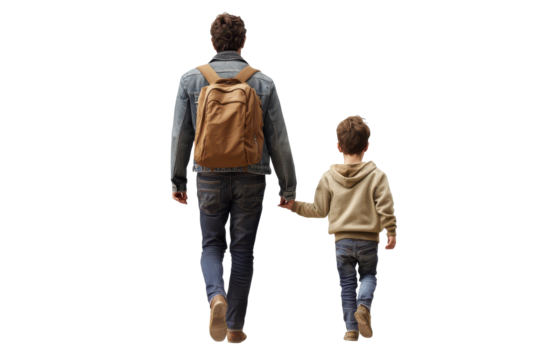 Father and child walking hand in hand isolated on transparent background. Father and son walking back view isolated on white background.