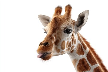 Close-up of a giraffe's head and neck, tongue out, against white
