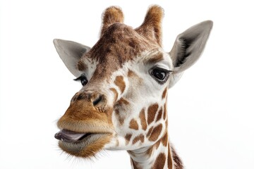 Close-up of a giraffe's head and neck, spotted pattern, open mouth, curious expression