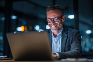 Portrait of a smiling businessman sitting on a sofa, using a laptop while working in the office.