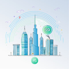 Obraz premium Modern 5G smart city vector illustration with connected devices and digital signal waves. Perfect for communication, urban technology, and future city projects.