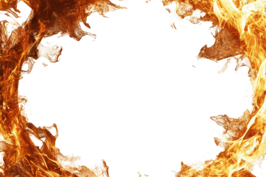 Fiery border frame with white space isolated on transparent background. Flames border isolated on white background.