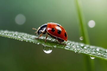 Fototapeta premium Ladybug on Dewy Leaf