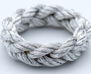 Close-up of a braided rope ring.  A light gray braided rope forms a circular band