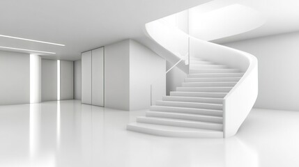 Elegant white interior showcasing a modern spiral staircase and minimalist design
