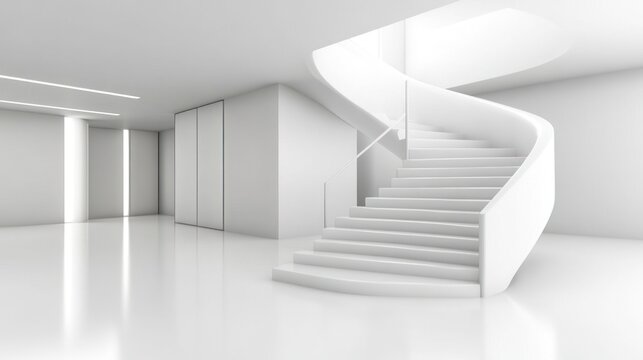 Elegant white interior showcasing a modern spiral staircase and minimalist design - Powered by Adobe