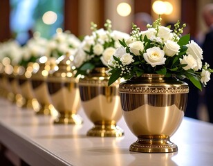 Gold urns with white flowers