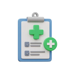 Obraz premium 3D Illustration of Clipboard with Plus Icon for Medical and Healthcare Concept on White Background