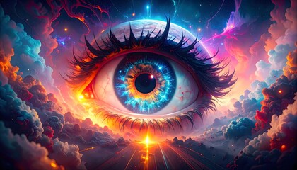 Captivating Eye Artwork with Cosmic Background and Vibrant Colors in a Surreal Universe
