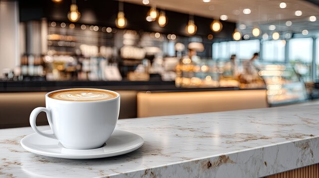 A cappuccino rests on a marble counter while a barista prepares fresh pastries in a lively coffee shop atmosphere