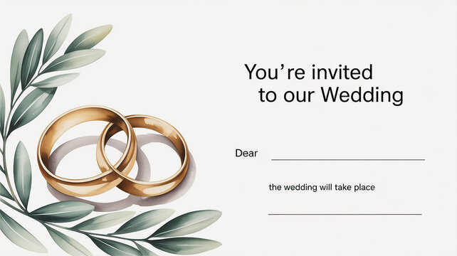 Wedding invitation card with rings and elegant floral design  