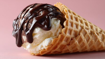 Indulge in a delightful chocolate ice cream cone, drizzled with rich sauce and adorned with coffee splashes on a pink backdrop