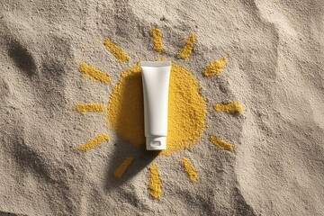 Sunscreen tube sits on beach sand with yellow sun design, concept for summer vacation, skincare promotion and sun protection advertising