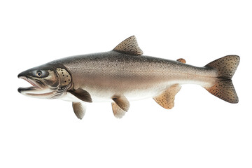 Naklejka premium Brown trout fish isolated on transparent background. Flying piece of salmons isolated on white background.