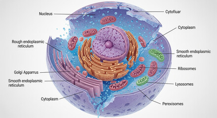 Detailed 3D Diagram of a Biological Cell, Highlighting Key Components and Structures
