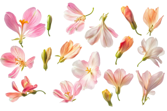 Collection of delicate pink and orange flower petals and buds isolated on transparent background. Flying pink blossom flowers isolated on white background.