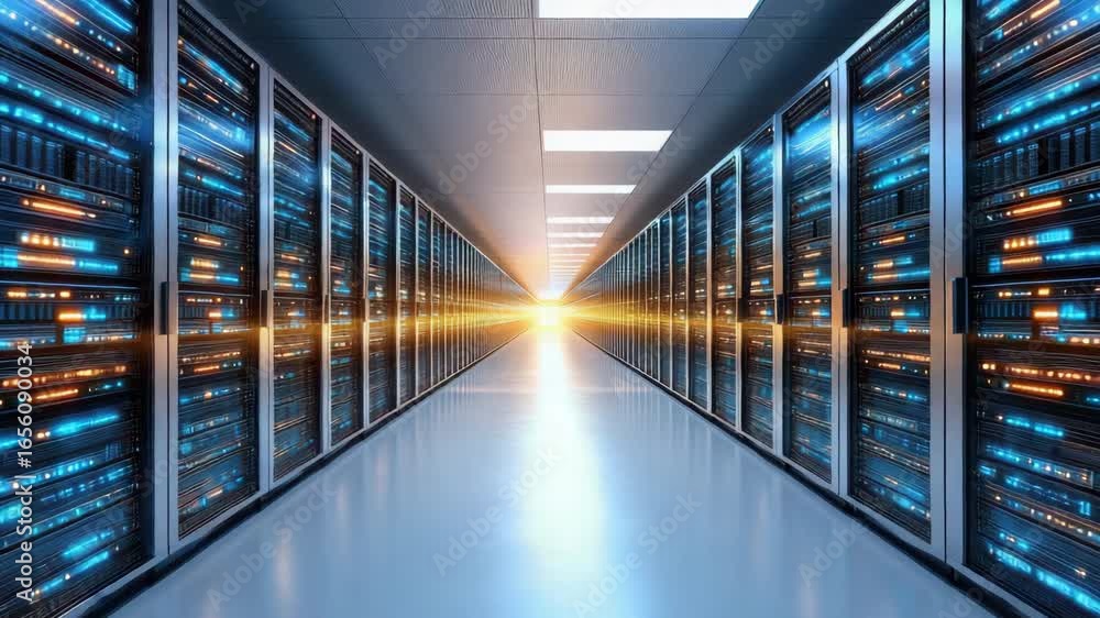 Poster futuristic data center technology with illuminated servers enhancing network storage capabilities