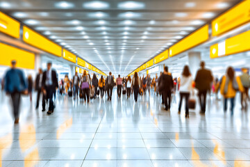 Obraz premium Blurred People Walking in Bright Airport Terminal Hallway, motion blur Business concept, motion bokeh background