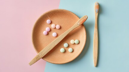 Bamboo Toothbrush with Multicolored Tablets on Wooden Plate against Pink and Blue Background