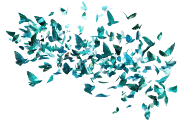 Abstract swarm of teal butterflies forming a cloud isolated on transparent background.