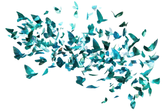 Abstract swarm of teal butterflies forming a cloud isolated on transparent background.