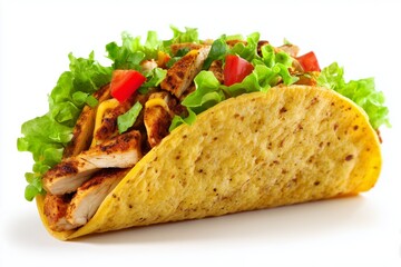 Delicious grilled chicken taco overflowing with fresh vegetables and toppings on a white background