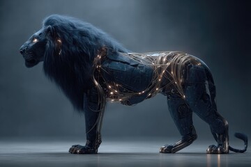 Cybernetic lion, dark backdrop, glowing wires