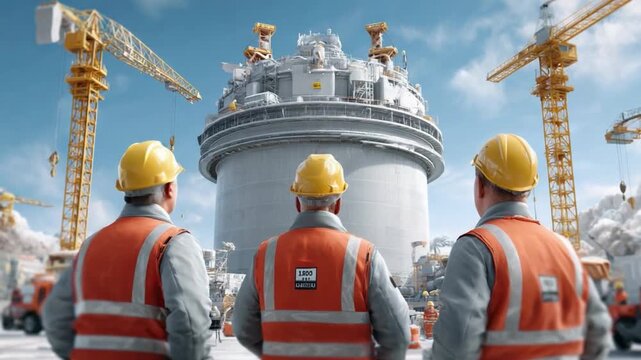Construction Crew at Nuclear Plant: A determined construction crew in hard hats and safety vests stands before a massive nuclear plant under construction, captured with vivid realism.