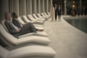 Relaxing Businessmen on Lounges by Poolside Terrace, motion blur Business concept, motion bokeh background