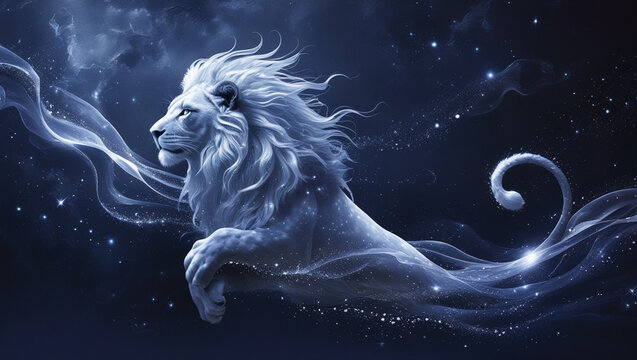 Artistic representation of zodiac sign Leo against dark indigo canvas, elegant and mysterious with abstract cosmic energy.