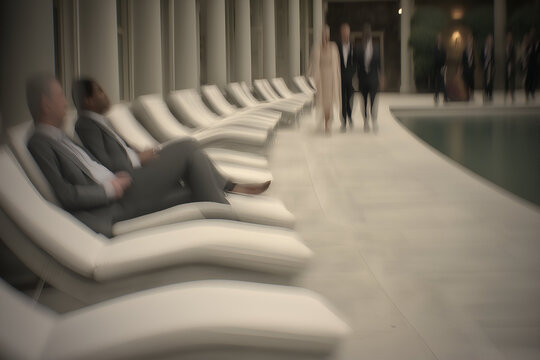 Relaxing Businessmen on Lounges by Poolside Terrace, motion blur Business concept, motion bokeh background