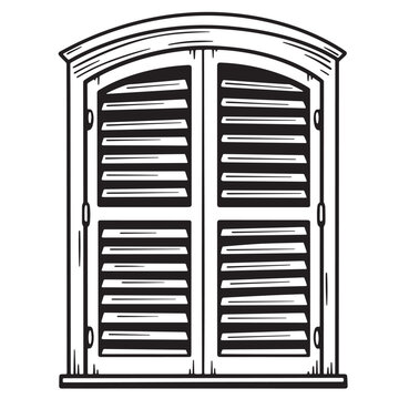 recommend clip art: Black and white detailed illustration of an arched window with closed shutters