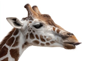 Close-up profile of a giraffe's head and neck,  showing its distinctive spots and a visible tongue