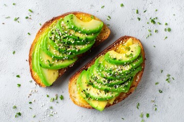Toast topped with fresh avocado slices, sprinkled with seeds and herbs, on a light gray background during a brunch setting