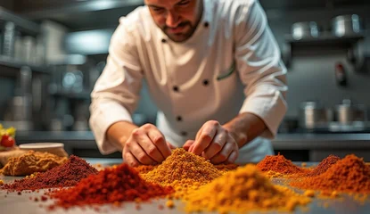 Chef Preparing Dish with Vibrant Spices in a Professional Kitchen Setting © Jathurshan