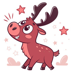Fototapeta premium Whimsical cartoon reindeer with stars illustration for holiday season projects and cute christmas designs featuring a happy reindeer character and festive star elements