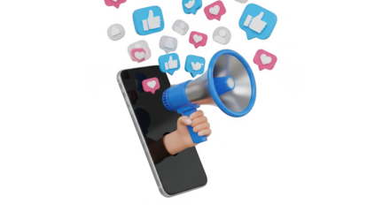 Megaphone emanating digital content and social media icons from smartphone screen transparent background