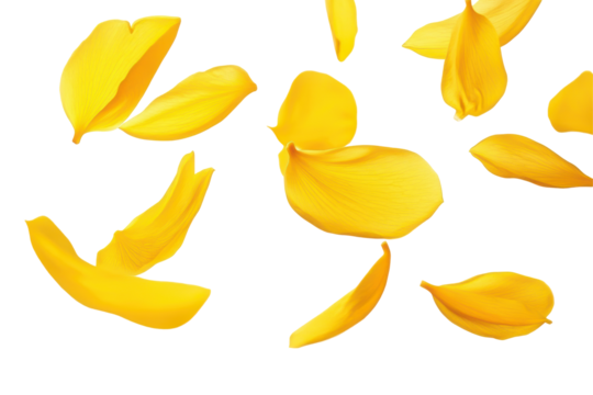 Scattered yellow flower petals isolated on transparent background. Flying yellow petals isolated on white background. - Powered by Adobe