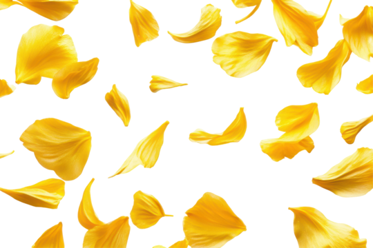 Scattered yellow flower petals isolated on transparent background. Flying yellow petals isolated on white background.