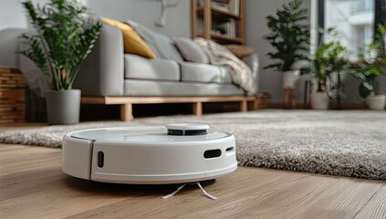 Robotic vacuum cleaner in a modern living room