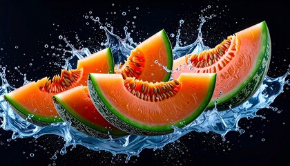 Fresh cantaloupe slices splashing in water against dark background for a vibrant fruit display