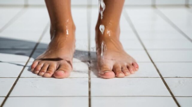 Feet receiving water on tiled floor