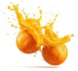 Two oranges in mid-air, juice splashing outwards