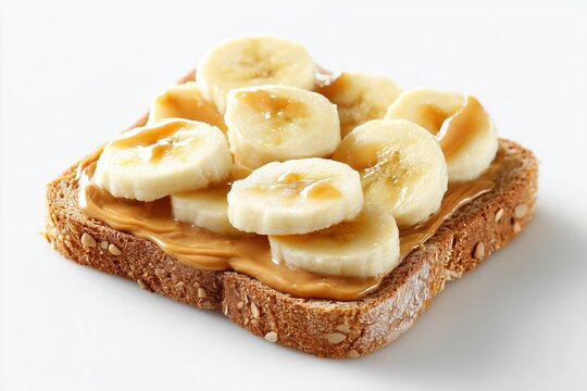 Delicious whole grain toast topped with peanut butter and fresh banana slices drizzled with honey for a nutritious breakfast or snack option