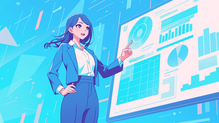 スーツを着た女性が社内のスクリーンを前に熱心にプレゼンを行っているシーンを描いたアニメーションイラスト。オフィスワーク、キャリア、仕事、社会人、女性社員、会議資料に使える抽象的な汎用背景素材。