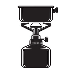 Black and white illustration of a portable camping stove with a cooking pot for outdoor adventures