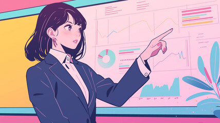 社内プレゼンテーションをするスーツ姿の女性が堂々と発表している姿を描いたイラスト。オフィス、ビジネス、会議、就職活動、キャリア、マーケティング、説明、働く女性、人物資料に汎用的に使える抽象的な表現素材。