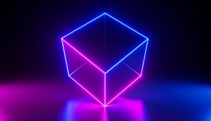 A vibrant, glowing cube with neon pink and blue light illuminates a dark space, creating a striking visual effect.