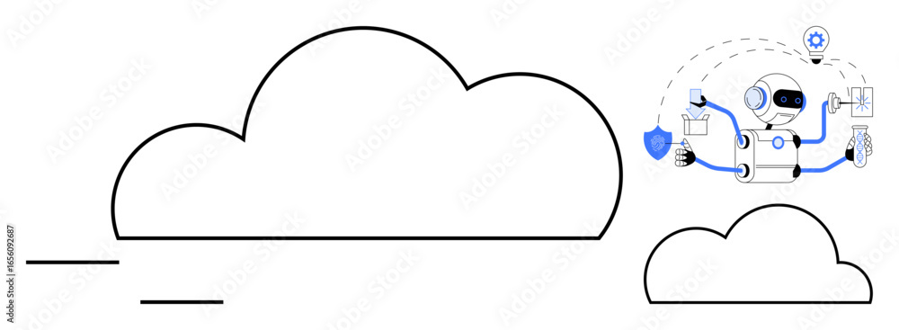 Poster robot with multiple arms interacting with cloud elements, icons of security, storage, communication,